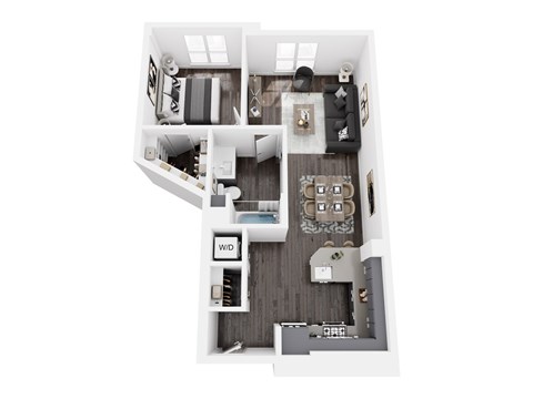 A top down view of a house with a living room, dining room, kitchen, and two bedrooms.